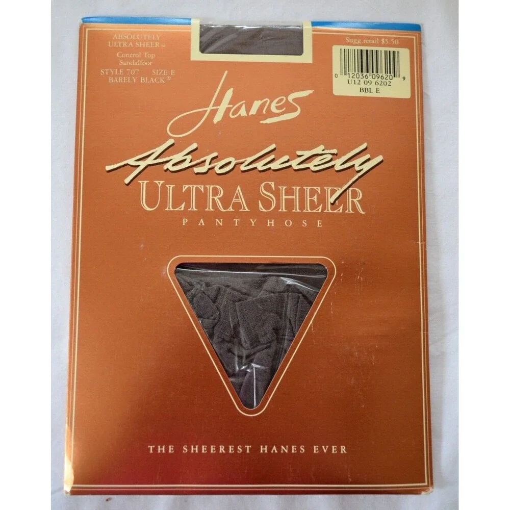 Vintage Hanes Sz E Absolutely Ultra Sheer Pantyhose Barely Black Contro Top 707